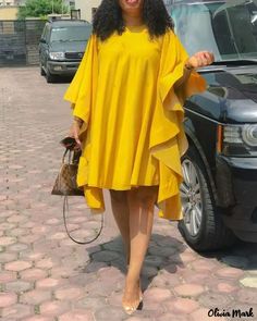 Color: yellow, Size: S Flowy Summer Dresses With Cape Sleeves, Flowy Summer Dress With Cape Sleeves, Summer Party Dress With Batwing Sleeves, Chic Flowy Dress With Batwing Sleeves, Casual Party Dress With Butterfly Sleeves, Oversized Yellow Beach Dress, Yellow Knee Length Dress, Flowy Dress Casual, Yellow Long Sleeve Dress