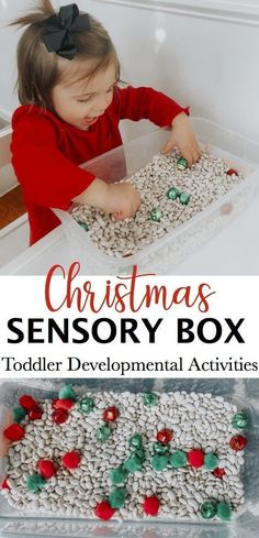 a toddler playing with christmas themed toys in the bathtub, and text overlay reads christmas sensory box toddler developmental activities