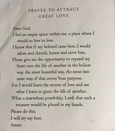 a piece of paper with writing on it that says, prayer to attract great love