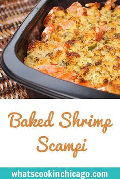 baked shrimp scampi in a black casserole dish with text overlay