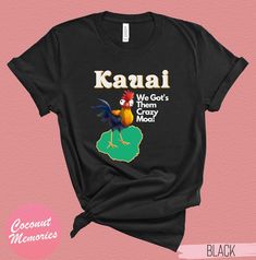 Kauai Chicken Hawaiian Moa T-Shirt. Aloha from Kauai Garden Isle Gift Hawaii State Shirt. Kauai Hawaii Vacation Hawaiian Roster Tee.  Our unisex shirts are true to size and the perfect blend of Style, Comfort, and Fit.  ☀️ FIND MORE GREAT DESIGNS https://www.etsy.com/shop/CoconutMemories  OUR MESSAGE TO YOU OUR CUSTOMERS If you enjoy our designs, please leave us a comment as it immensely helps our small business to grow. We are also striving to improve and provide the best quality for you our cu Black Hawaiian Printed T-shirt, Hawaiian Style T-shirt With Sublimation Print, Hawaiian Cotton T-shirt With Sublimation Print, Hawaiian Style Graphic Print Crew Neck Top, Hawaiian Graphic Print Crew Neck Top, Hawaiian Crew Neck Top With Graphic Print, Hawaiian Crew Neck Printed T-shirt, Chicken Hawaiian, Kauai Hawaii