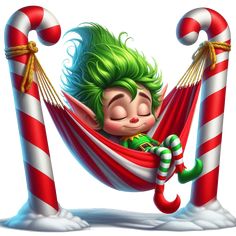 a cartoon character is sleeping in a hammock with candy canes around him