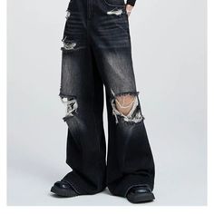 Distressed Wide - Leg Jeans - Pants Grunge, Retro Trousers, Chiffon Beach Dress, Hip Hop Fashion 90s, 90s Y2k Fashion, Print Shirts Women, 90s Hip Hop Fashion, Womens Summer Shorts, Baby Tees Y2k