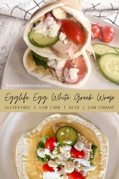 two wraps stacked on top of each other on a white platter and one on a white plate with the toppings showing. Greek Chicken Wrap, Hummus Chicken, Chicken Feta, Fodmap Lunch, Egg White Recipes, Chicken Wrap