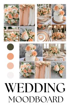 wedding mood board with peach and white flowers