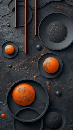 an abstract painting with orange and black shapes