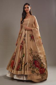 Beige anarkali with printed floral garden motifs. Comes with churidar and dupatta.
Components: 3
Pattern: Printed
Type Of Work: Floral
Neckline: Round
Sleeve Type: Sleeveless
Fabric: Organza, Lining: Cotton
Color: Beige
Other Details: 
Fit and flare silhouette
Closure: Anarkali: Concealed zip
Note: Can can worn by the model is not for sale
Occasion: Mehendi and Haldi,Sangeet - Aza Fashions Grey Lengha, Beige Anarkali, Cotton Anarkali Dress, Floral Anarkali, Anarkali Churidar, Stitch Dress, Cotton Anarkali, Makeup Images, Stitching Ideas