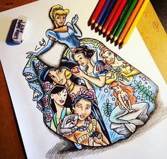 a pencil drawing of some cartoon characters on a piece of paper with colored crayons next to it