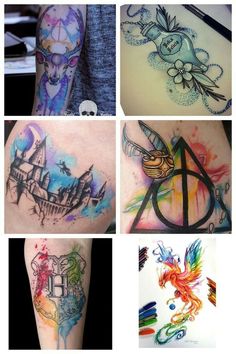 many different tattoos on the arms and legs, all in different colors with an image of harry potter's house