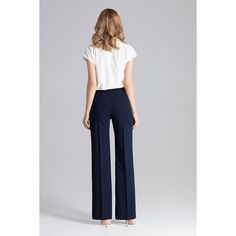 Long pants with a covered zipper on the side. Model without pockets with wide legs works well in many stylings. Polyester 65 % Viscose 35 % Size Lenght Inseam Hips width Waist width L 107 cm 30 cm 100 cm 80 cm M 106.5 cm 29.5 cm 96 cm 76 cm S 106 cm 29 cm 92 cm 72 cm XL 107.5 cm 30.5 cm 104 cm 84 cm Elegant Stretch Navy Pants, Elegant Navy Straight Leg Bottoms, Chic Navy Straight Leg Pants, Chic Navy Pants For Office, Elegant Navy Straight Pants, Navy Full-length Dress Pants For Work, Blue Wide Leg Pants For Office, Navy Trousers For Office, Navy Wide Leg Dress Pants For Business Casual