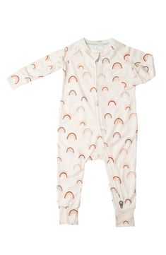 a white baby sleepsuit with rainbows on the front and back, all over it