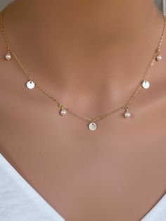 Freshwater Pearl Necklace For Women, Dainty Pearl Necklace, Simple Bridal Necklace in Sterling Silver/14k Gold Fill, Bridesmaid Jewelry Gift Simple Bridal Necklace, Dainty Pearl Necklace, Layering Jewelry, Dainty Necklaces, Dangle Necklace, Ribbon Gift, Gold Coin Necklace, Bridesmaid Gifts Jewelry, Dangle Necklaces