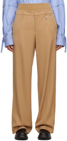 Paneled straight-leg plain-woven wool trousers. · Rib knit waistband · D-ring hardware at waistband · Four-pocket styling · Zip-fly · Logo-engraved silver-tone hardware Supplier color: Beige Beige Dress Pants Outfit, Dress Pants Outfits, Fly Logo, Beige Dresses, Wool Trousers, Silver Engraving, Knit Pants, D Ring, Pants Outfit