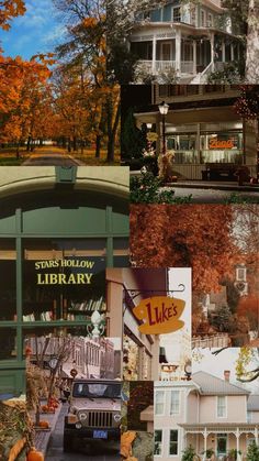 the collage shows many different types of houses and trees in autumn, fall or winter