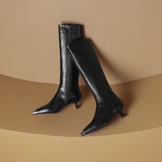 Shop Black Genuine Leather Pointed Toe Keen High Boots Kitten Heel Boots color Black for Anniversary, Music Festival, Night Club, Party with worldwide Free shipping & Free return. Faux Leather Boots With Metal Feet For Fall, Fall Faux Leather Boots With Metal Feet, Snip Toe Knee-high Boots For Winter Parties, Winter Party Knee-high Boots With Snip Toe, Fitted Boots With Metal Feet For Fall, Trendy Winter Knee-high Boots With Snip Toe, Pointed Toe Boots With Metal Feet For Fall, Winter Evening Boots With Metal Feet, Pointed Toe Faux Leather Boots With Metal Feet