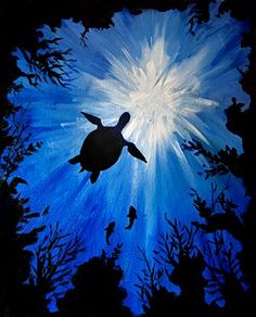 a painting of a turtle swimming in the ocean