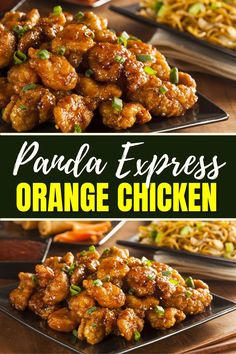 panda express orange chicken on a black plate with chopsticks and vegetables in the background