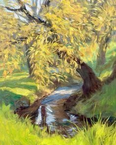 an oil painting of a stream running through a lush green field next to a tree