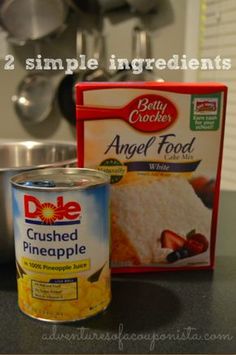 ingredients to make angel food cake sitting on a kitchen counter next to an empty canister