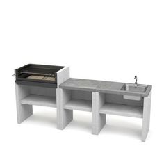 a white table with two sinks and an open shelf next to it on a white background