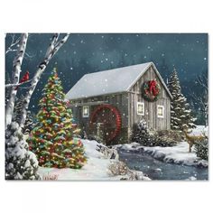 a painting of a snowy scene with a christmas tree and a barn in the background