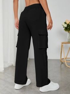 Step up your style game with these Solid Color Flap Pocket Zipper Fly Pants. These pants feature flap pockets and a zipper fly, combining functionality and fashion seamlessly. The solid color design offers a sleek and streamlined look that can be dressed up or down. Whether you're going for a polished office ensemble or a casual weekend look, these cargo pants will elevate your outfit with their stylish flair. Details: Style: Casual Pattern Type: Plain Type: Cargo Pants Waist Line: Natural Lengt Techwear Black Pants With Flap Pockets, Black Straight Leg Bottoms With Functional Pockets, Black Wide Leg Pants With Functional Pockets, Black Straight Leg Pants With Flap Pockets, Versatile Black Bottoms With Pockets, Black Straight Leg Cargo Pants With Flap Pockets, Black Trousers With Flap Pockets, Black Wide Leg Bottoms With Functional Pockets, Versatile Black Pants With Pockets