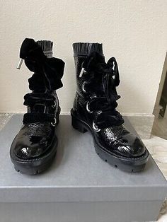 (eBay) ALEXANDER MCQUEEN Patent Lace-up Combat   Black Boot, Size 371/2 Designer High-top Winter Boots, Designer Winter Boots With Lug Sole, Designer Boots With Round Toe For Winter, Designer Round Toe Boots For Winter, Combat Boot, Mens Shoes Boots, Ankle Cuffs, Velvet Ribbon, Winter Boot