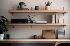 two wooden shelves with plants and books on them, along with other items in the room