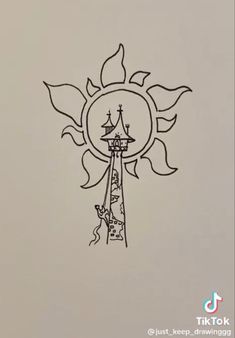 a drawing of a lighthouse with the sun behind it