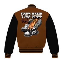 Brand Dunkare Archaeo Brown 5s Varsity Jacket Custom Name Sneaker Girl Money All Over Print Baseball Varsity Jacket Baseball Varsity Jacket, Girls Sneakers, Varsity Jacket, Baseball, Sneakers