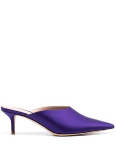 dark purple satin finish slip-on style pointed toe leather lining branded footbed 60mm mid heel This piece comes complete with a protective dust bag. Purple Ankle Boots, Line Branding, Purple Satin, Mid Heel, Mules Shoes, Dark Purple, Satin Finish, Calf Leather, Dust Bag