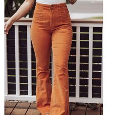 Color: "Cognac"- Burnt Orange. Super High Rise Fit Flared Silhouette Soft Corduroy Double Exposed Button Fly Closure Never Worn, Kept In A Smoke Free Home. High Waist Orange Bottoms For Fall, Retro Bottoms With Button Closure For Fall, Fitted Corduroy Jeans For Spring, High Waist Corduroy Bottoms With Button Closure, High-waist Corduroy Bottoms With Button Closure, Retro Pants With Button Closure For Fall, High Waist Corduroy Bottoms With Buttons, High-waist Corduroy Bottoms With Buttons, Casual Orange Bottoms With Button Closure