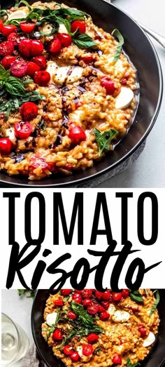 two plates with food on them and the words tomato risoto written in black