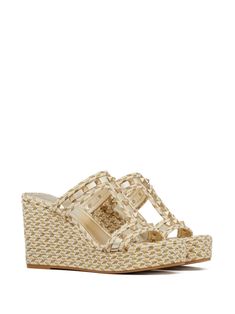 Valentino Ready To Wear, Valentino Rockstud, Metallic Thread, Nappa Leather, Valentino Garavani, Wedge Heels, Leather Trims, Wedge Sandals, Open Toe