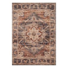 an orange and blue area rug on a white background with a medallion design in the middle