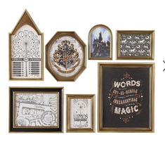 there are many different framed pictures on the wall next to each other, including one with a hogwart's house