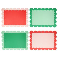 four green and red placemats with scalloped edges on a white background