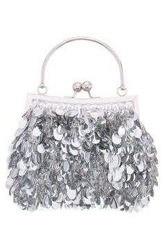 Glossy beads and lustrous sequins add glamorous appeal to an evening-ready clutch fashioned with an optional chain strap for hands-free carry. Kiss-lock closure Top carry handle; removable chain strap Interior wall pocket Lined Plastic Imported Glamorous Rectangular Sequined Evening Bag, Handheld Sequined Evening Bag For Parties, Glamorous Sequin Clutch Bag, Silver Glamorous Evening Bag For Party, Silver Clutch With Detachable Handle For Party, Silver Party Clutch With Detachable Handle, Glamorous Sequined Bags For Events, Elegant Sequin Bags For Night Out, Glamorous Event Bags With Sequins