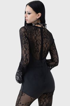 WISTFUL DESIRE JUMPSUIT.- Statement custom lace.- Long flared sleeves.- Lace up front.- Panel details.- Back zip closure. - Fitted.With KILLSTAR branding, Lace: 88% Polyamide 12%Elastane, Main Body: 60% Polyurethane 40%Polyester.Hand wash delicate 30°c / Do not bleach / Do not tumble dry / Do not iron / Do not dry clean. Imported. Thigh High Sock, Hat Patches, Stocking Tights, Belt Purse, Jewelry Pins, Body Jewellery, Scarf Jewelry, Pastel Goth, Ankle Socks