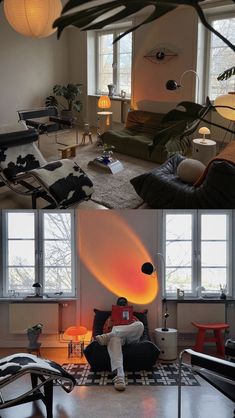 two pictures of a person sitting on a couch in a living room