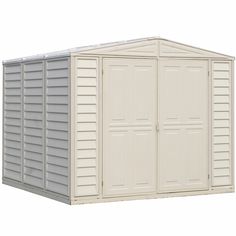 an outdoor storage shed with two doors open