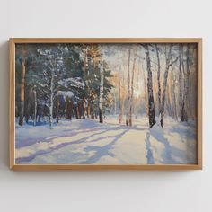 an oil painting of snow covered trees in the woods with sunlight coming through them and on to the ground