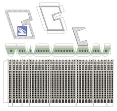 an architectural drawing of a building with many windows and balconies on the roof