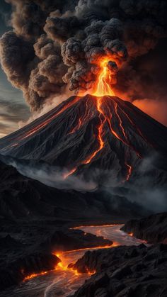 Huge volcano has woken up and released a huge cloud of lave and volcanic ash into the night starry sky Volcanic Eruption Landscape, Volcano Aesthetic, Volcano Village, Volcano Landscape, Ash Fire, Volcano Art, Night Starry Sky