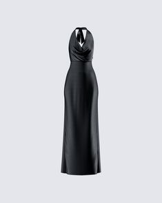 Slip into seduction with this black maxi dress 🖤 Made from luxurious satin charmeuse fabric, this piece is complete with a bias cut and a cowl neck for a look that gives off a chic and mysterious vibe that will have everyone hooked 😌 Maxi Length Satin Gown For Night Out, Sleek Gala Gown With Satin Finish, Sleek Satin Finish Gown For Gala, Sleek Gown With Satin Finish For Gala, Evening Gown With Satin Finish And Maxi Length, Evening Gown With Satin Finish In Maxi Length, Evening Satin Slip Dress With Cowl Back, Party Slip Dress With Satin Finish And Cowl Neck, Sleek Satin Evening Gown