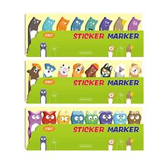 three colorful stickers with cartoon animals on them and the words sticker market written in red