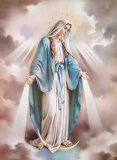 an image of the immaculate mary with clouds and sun rays in the sky behind her