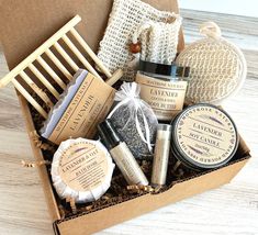 This pampering relaxing lavender self-care gift set makes the perfect gift for a birthday, Mother's Day, sister, best friend, teacher or just a single thank you gift for someone special! It comes in a kraft gift box, wrapped in raffia ribbon. Relaxing and luxurious, a true spa experience captured in a gift set.  Natural Spa Gift Set ready to gift. Practical last minute gift idea for Christmas.   ----- CONTENTS ----- LARGE GIFT BOX includes: 1 x 4.25oz Lavender Soap Bar Large  1 x 4oz Lavender Bo Bath Gift Basket Ideas, Soap Gift Box Ideas, Lavender Soap Bar, Lavender Soy Candle, Lavender Spa, Lavender Body Butter, Spa Box, Lavender Aromatherapy, Gift Baskets For Women