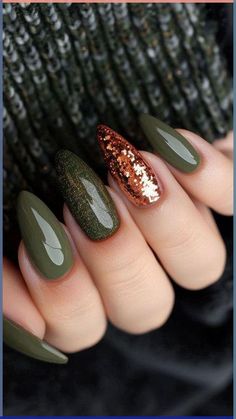 50  New Years Eve Nails That Are Super Trendy Thanksgiving Almond Nails Designs, Fall Nails Inspo Almond, Fun Fall Nails Designs, November Nails Fall Simple, Hunter Green Nails Design Fall, Green And Bronze Nails, Green November Nails, Thanksging Nails, November Nails Gel