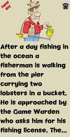 a cartoon character holding a fish with the caption after a day fishing in the ocean, a fisherman is walking from the pier carrying two lobsters in a bucket